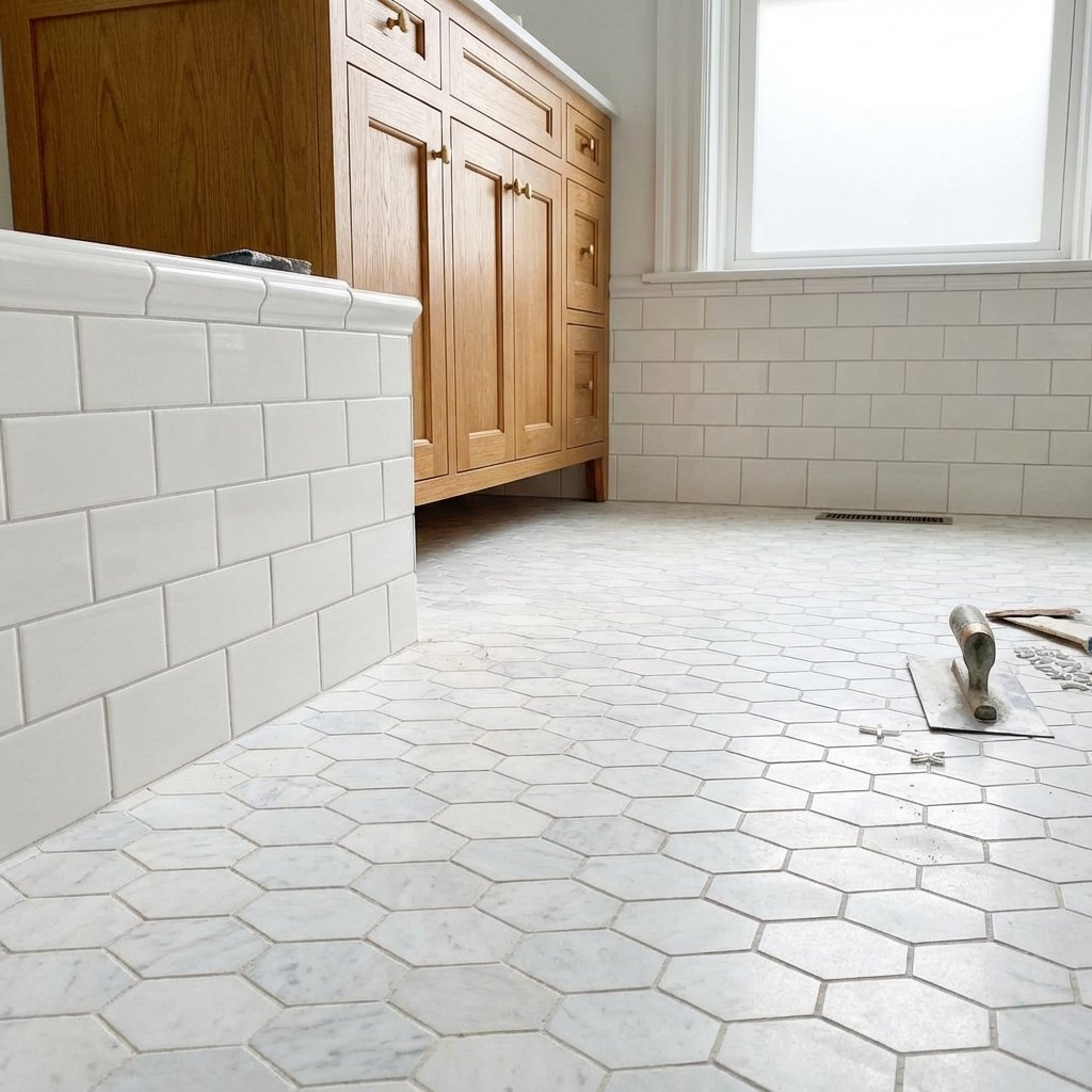 Bathroom floor tile installation in Boston — hexagon mosaic and subway wainscoting
