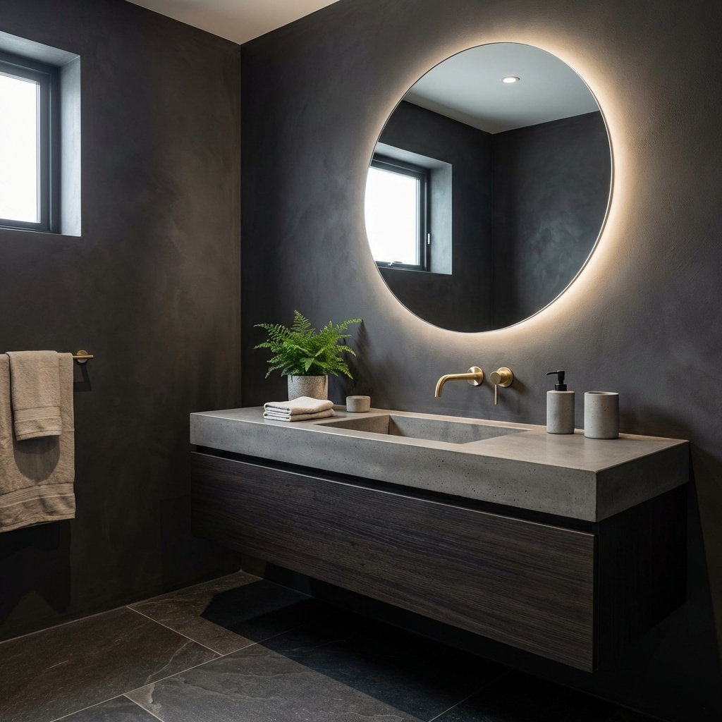 Modern powder room remodel inspiration in Boston — floating vanity and backlit mirror