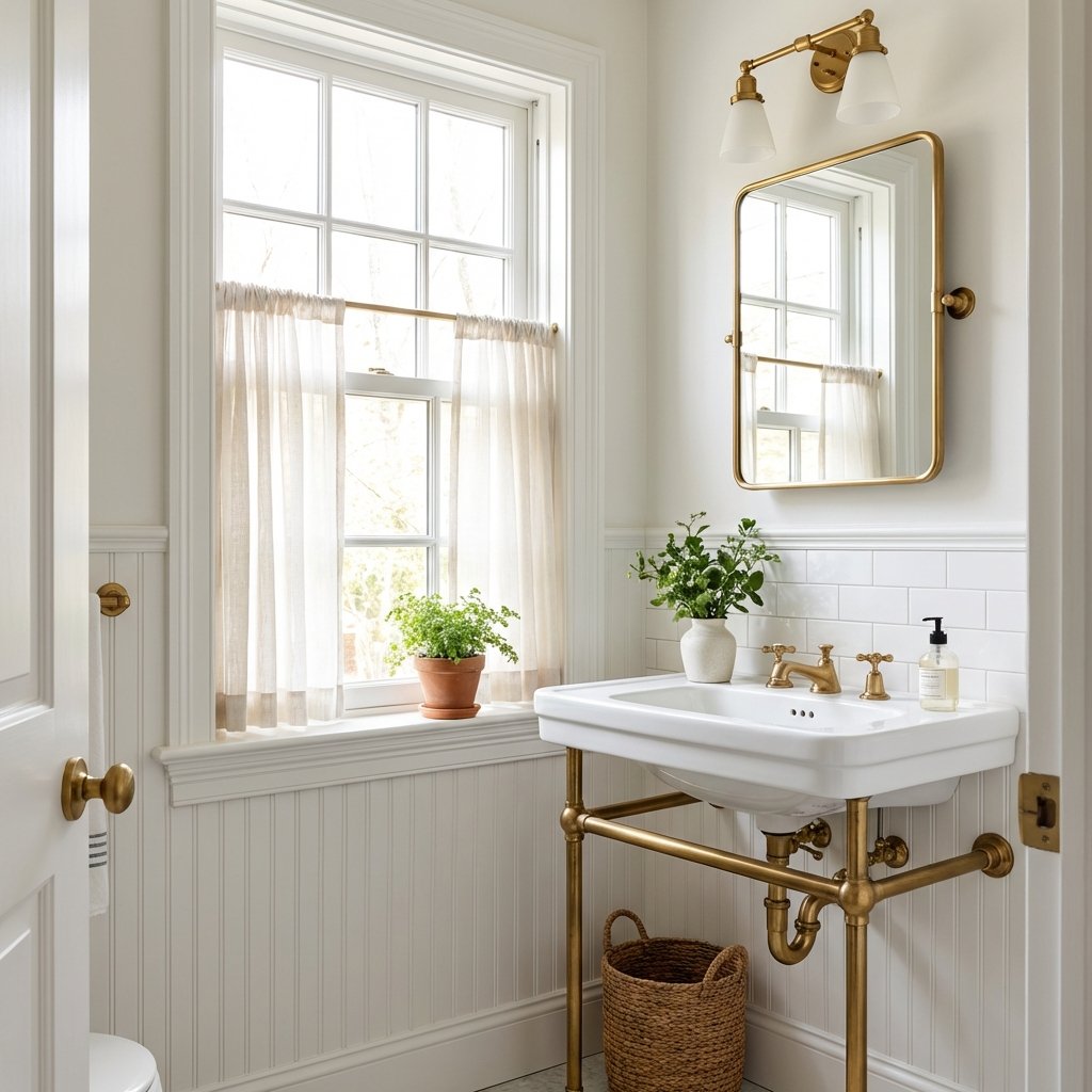 Small half bath design inspiration in Boston — beadboard wainscoting and brass fixtures