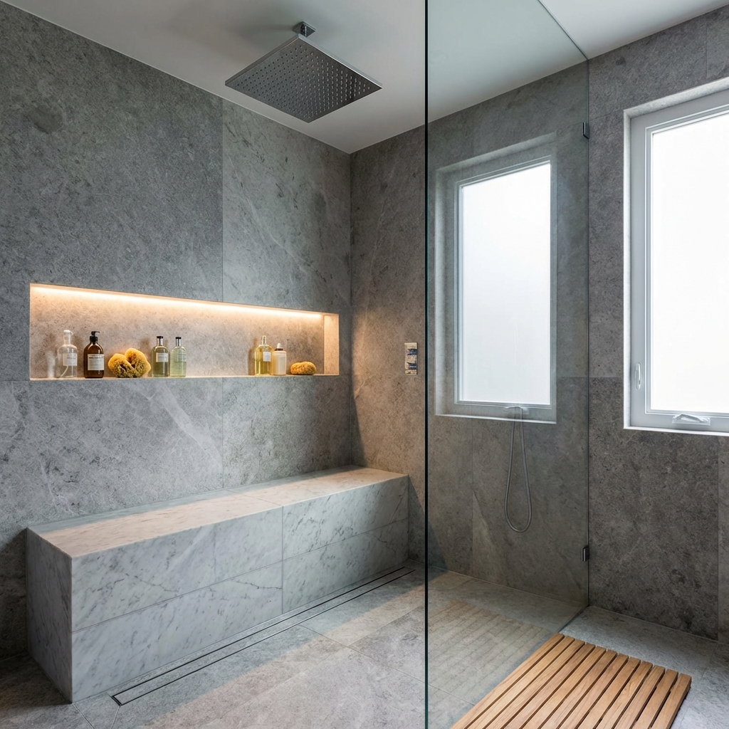 Accessible tub to shower conversion in Boston — low threshold, grab bars