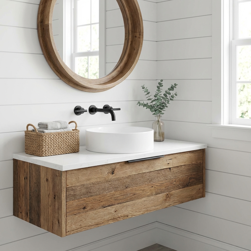 Floating vanity with modern bathroom storage in Boston