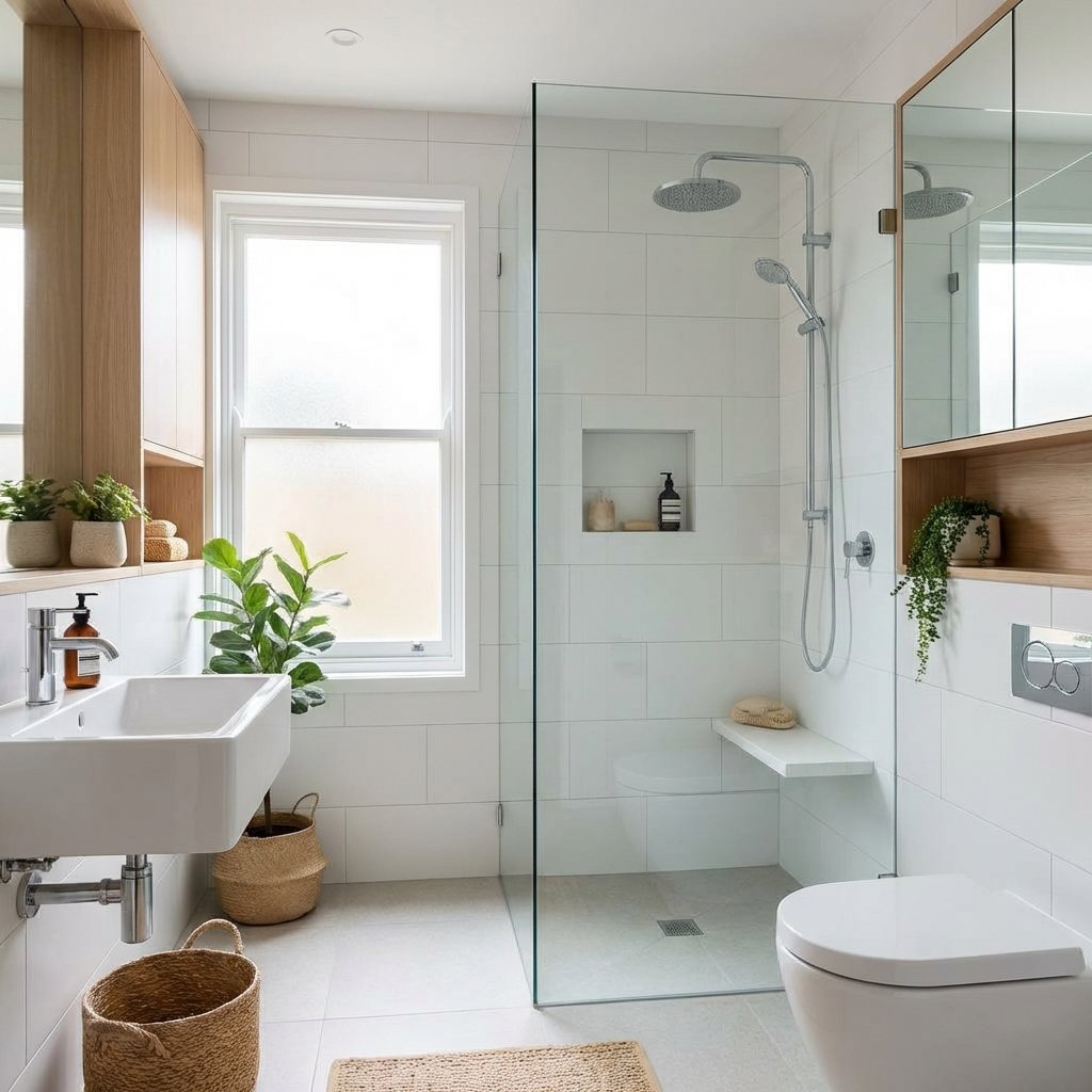 Tub-to-shower conversion inspiration in Greater Boston, MA — bright tile shower with niche