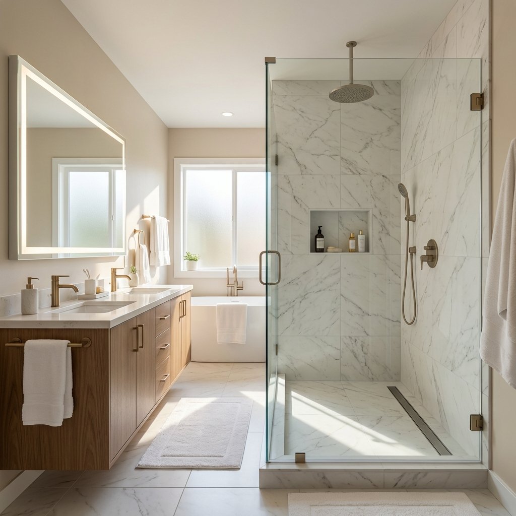 Walk-in shower remodel design inspiration in Boston, MA — marble-look tile with glass door